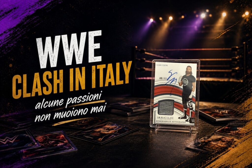 WWE Clash in Italy con carta collezionabile wrestling e ring illuminato sullo sfondo