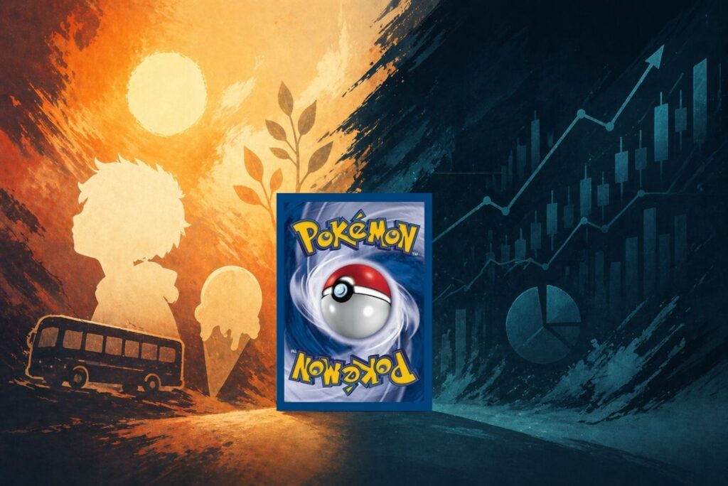 Illustrazione concettuale sul collezionare Pokémon per passione, con contrasto tra valore emotivo e mercato