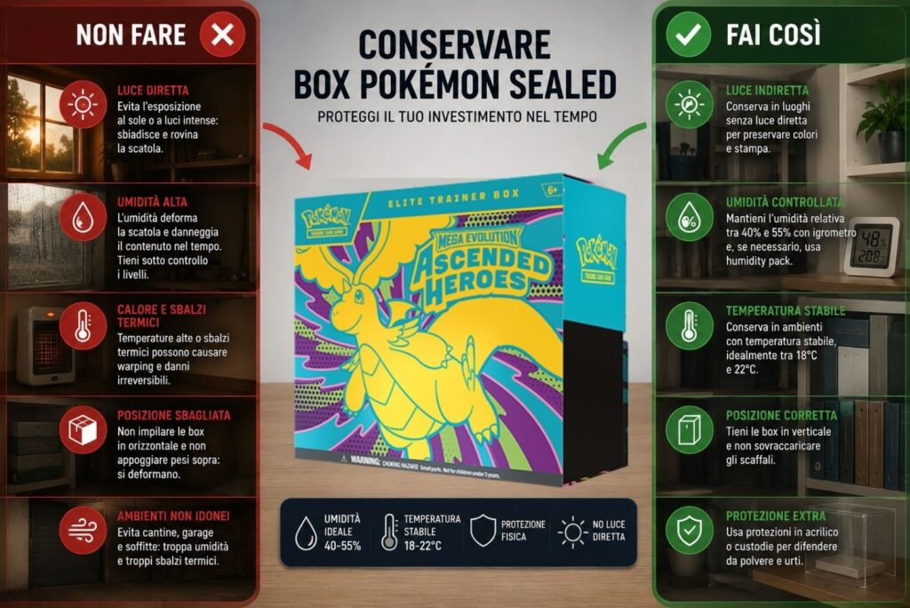 Come conservare box Pokémon sealed evitando umidità, warping e deformazioni degli ETB