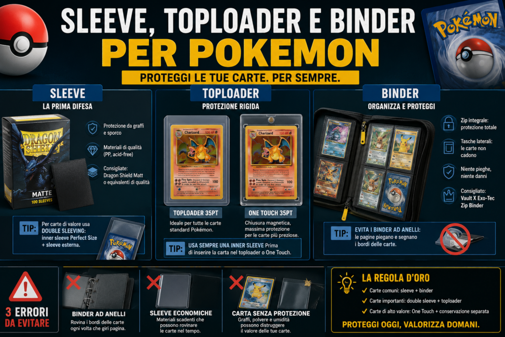 Infografica sleeve, toploader e binder Pokémon con guida alla protezione delle carte e errori da evitare.