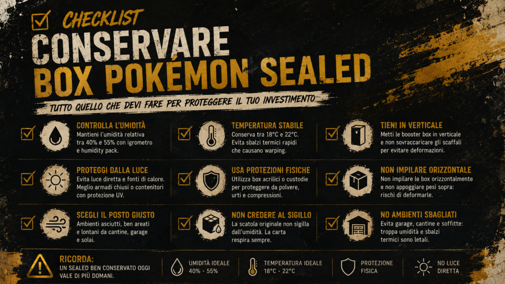 Guida pratica alla conservazione dei box Pokémon sealed tra umidità, calore e protezioni corrette.