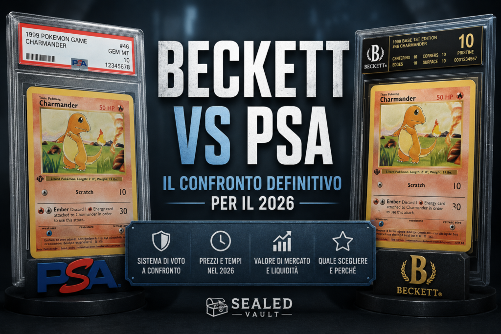 Confronto Beckett vs PSA nel 2026 con slab Pokémon graduati BGS e PSA