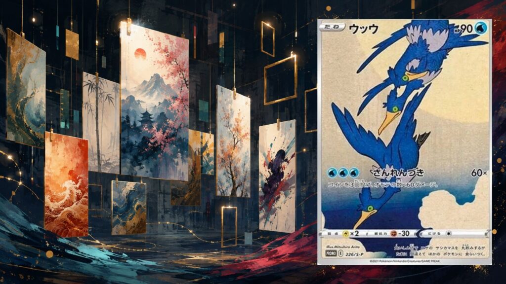 Illustrazione editoriale sulle carte Pokémon giapponesi e sull'evoluzione dello stile artistico nel collezionismo.