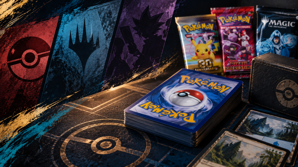 Carte Pokémon e bustine di Pokémon e Magic: The Gathering per illustrare i giochi di carte collezionabili.