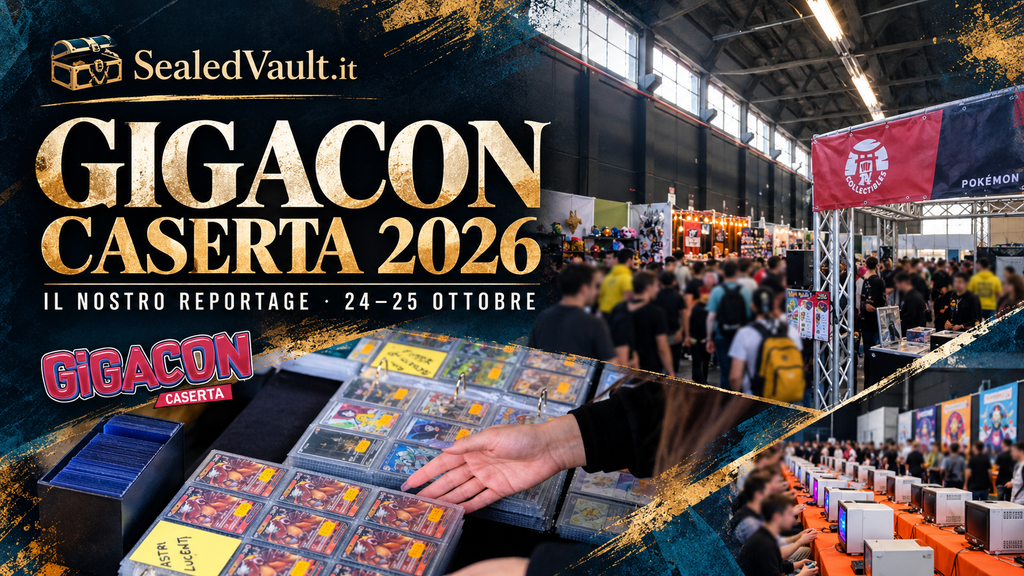 Copertina del reportage Gigacon Caserta 2026 con logo della fiera, carte Pokémon e marchio SealedVault.it.