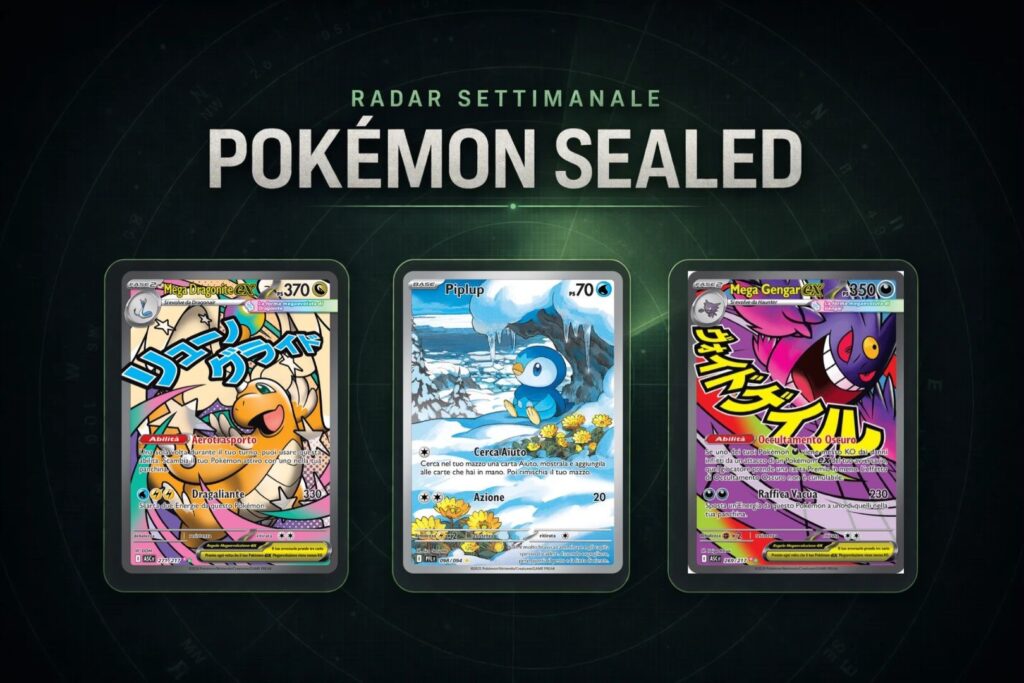 Radar Pokémon dell'11 ottobre 2026 con tre carte gradate: Mega Dragonite ex, Piplup e Mega Gengar.